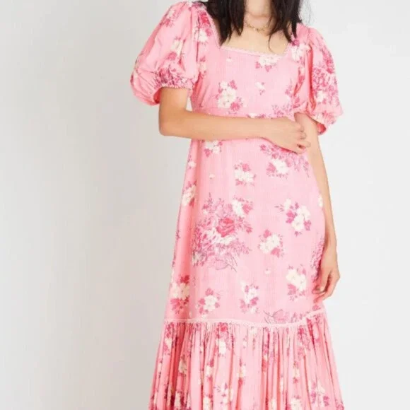 LoveShackFancy Salma Puff-Sleeve Cotton Maxi Dress, Pink, Size 0 - Picture 3 of 12